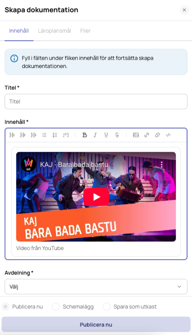Bild av Meitners videoinbäddningsfunktion där en video från youtube visas i rich-text fältet.