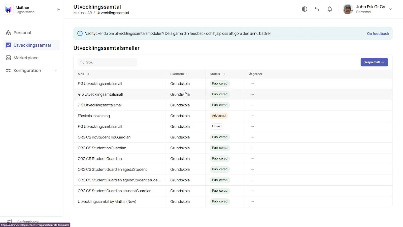 Knappen Utvecklingssamtal i adminvyn