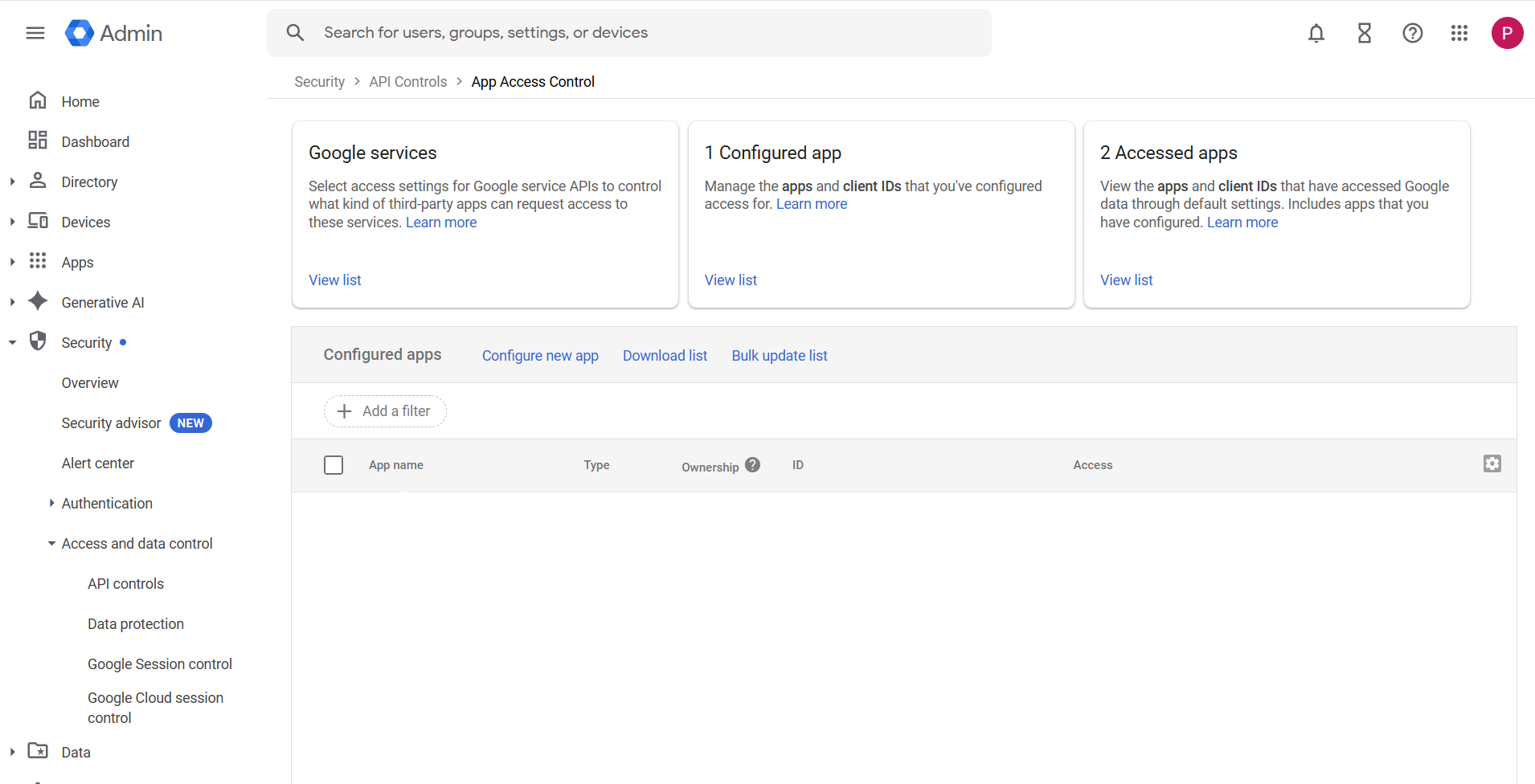 Navigering till API-kontroller i Google Admin Console