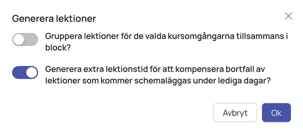 Dialogrutan för att generera lektioner med förifyllda rekommenderade val