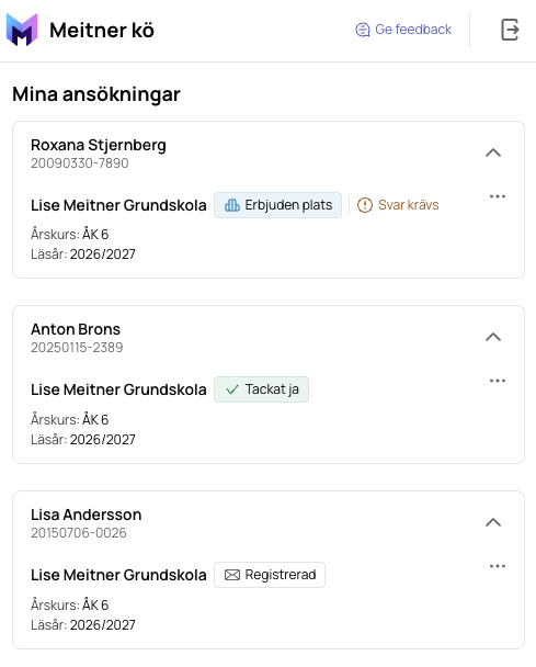 Vårdnadshavarens vy för att tacka ja eller nej till erbjudandet