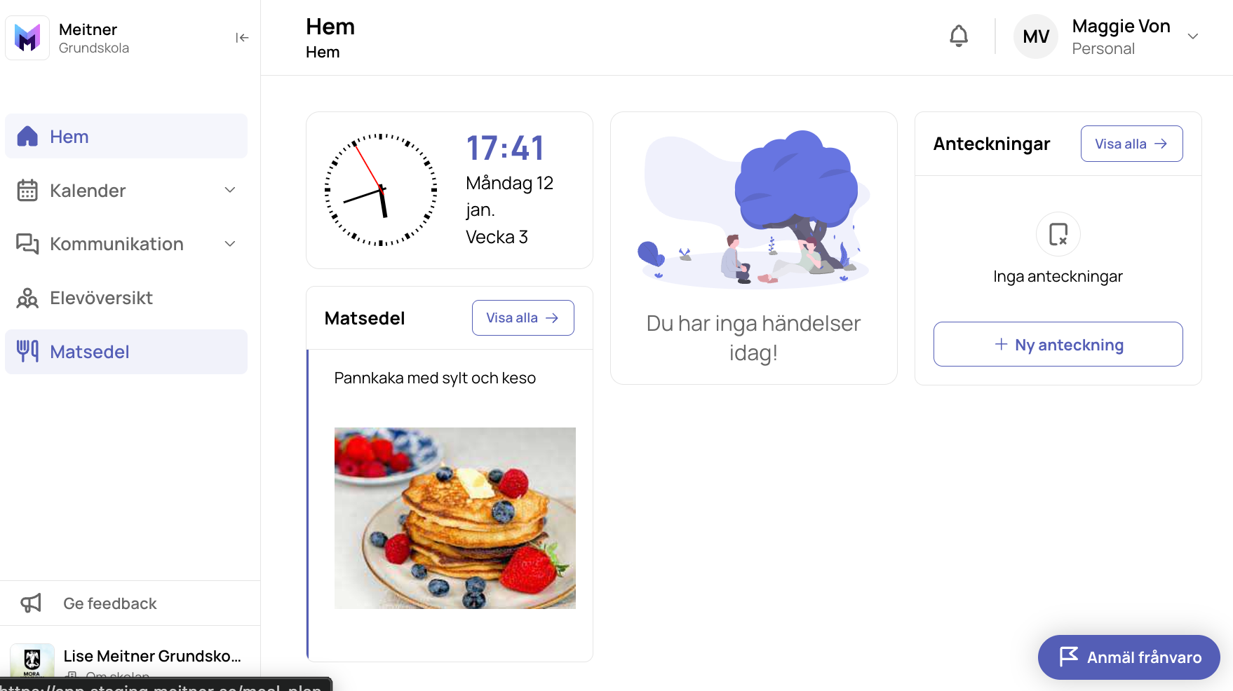 Matsedel i adminpanelen