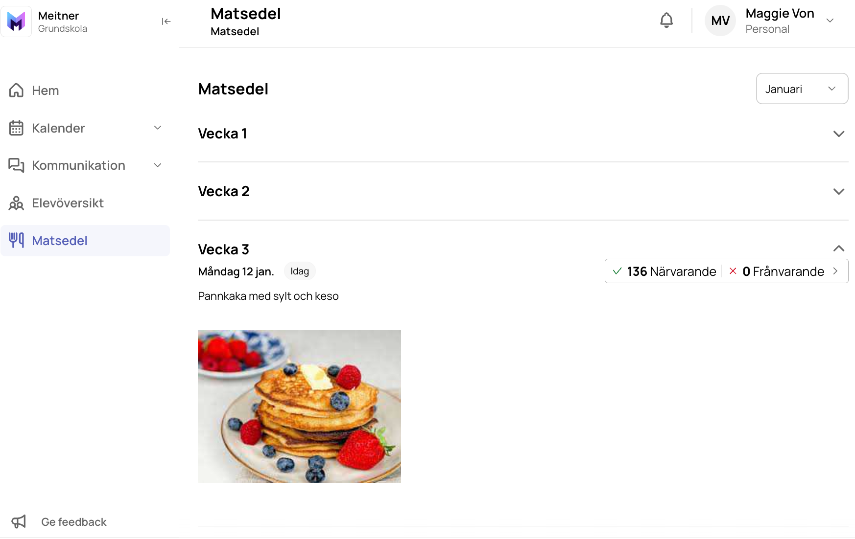 Redigeringsvy för matsedeln med veckans dagar