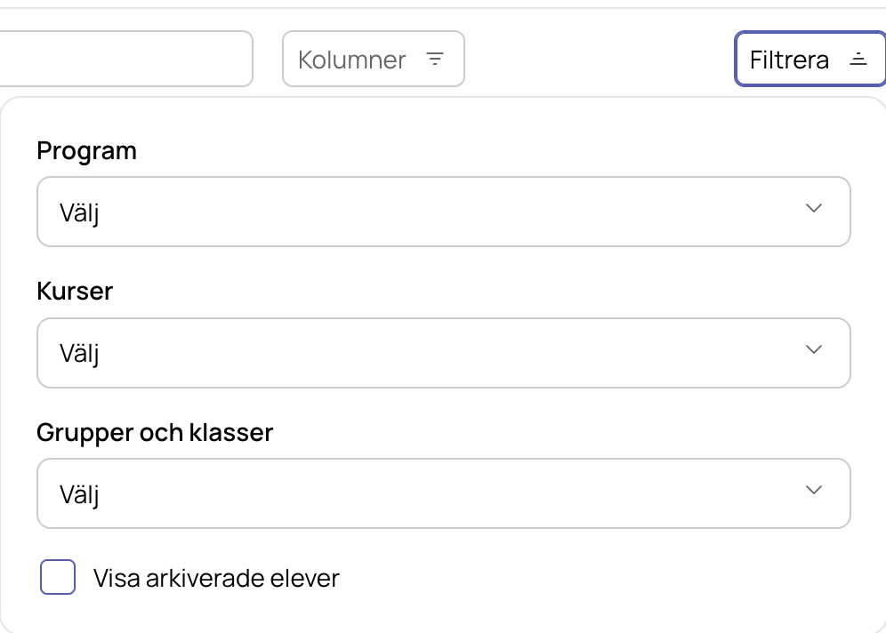 Filtervy i Studieplaner – filtrera per klass, program eller kurs