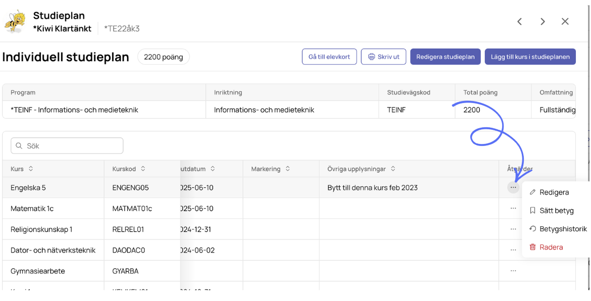 Individuell studieplan – poängsammanställning per sektion