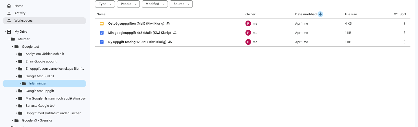 Skärmdump av Google Drive-vyn Min enhet där Meitner-mappen är öppnad och hierarkin Arbetsyta → Uppgift → dokument syns. Gränssnitt: Google Drive (lärarens vy)