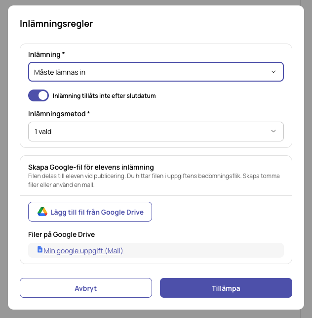 Skärmdump av inställningsmodalen för en uppgift där relevanta toggles syns: inlämningsuppgift, kan/måste lämnas in och Skapa Google-fil för elevens inlämning. Gränssnitt: Meitner Lärplattform (lärarvy)