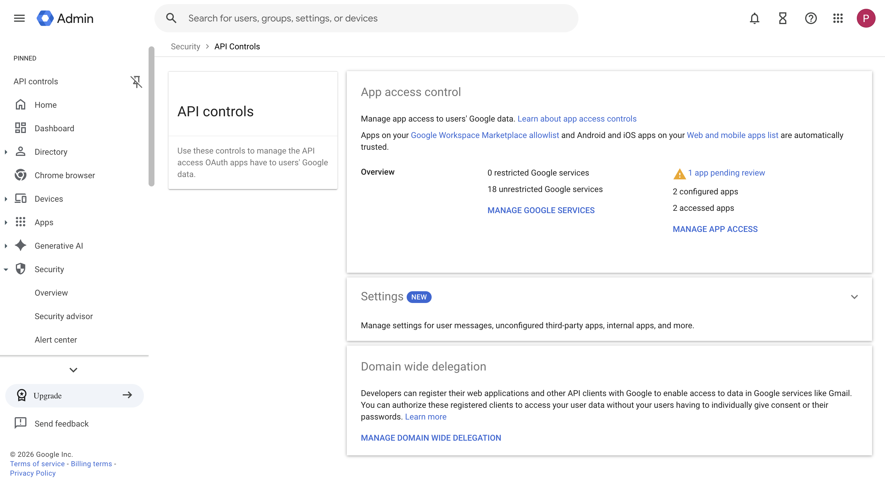 Skärmdump av navigeringsvägen Säkerhet → Åtkomst och datakontroll → API-kontroller i sidomenyn. Gränssnitt: Google Admin Console