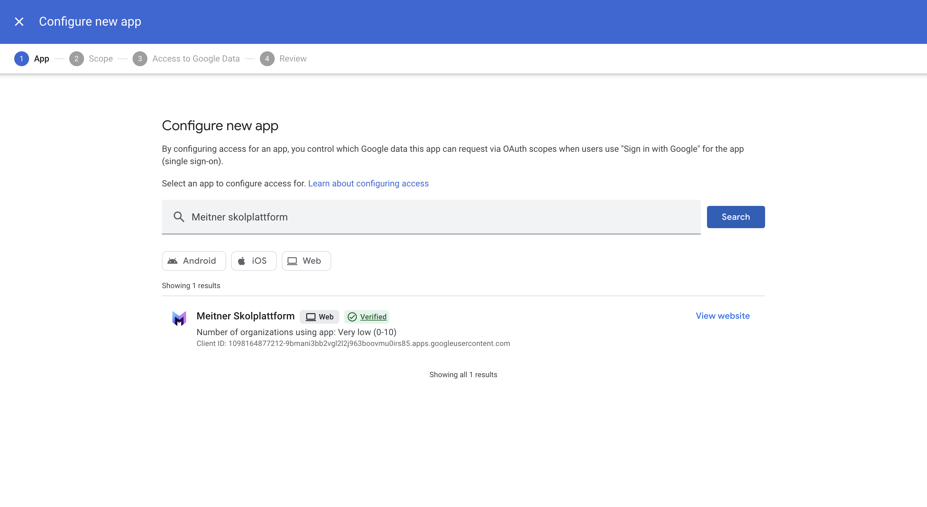 Skärmdump av sökdialogen "Konfigurera ny app" där sökresultatet för Meitner visar flera Meitner-appar, och Meitner Skolplattform är markerad som rätt val. Gränssnitt: Google Admin Console