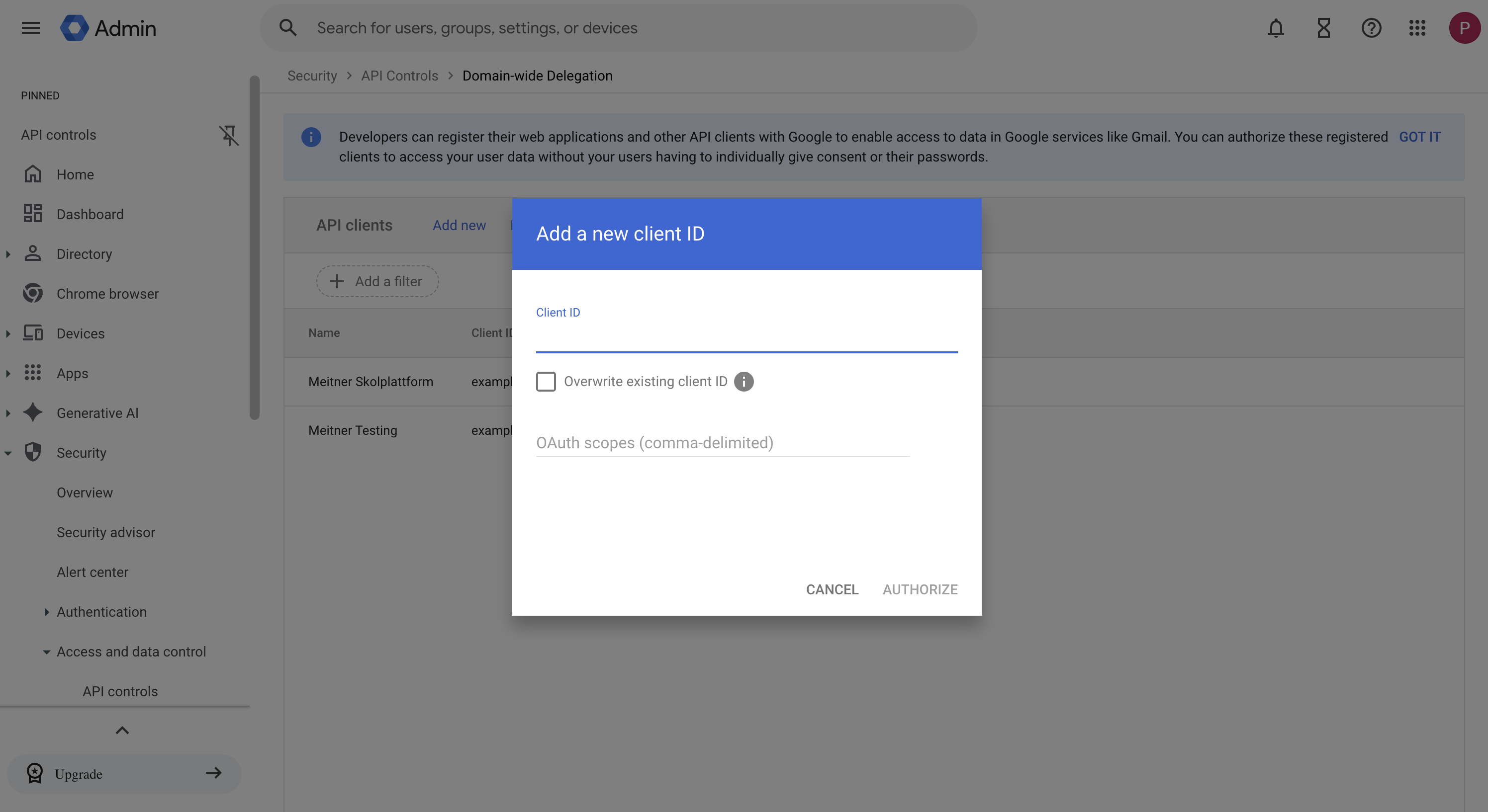Skärmdump av dialogen för ny domänomfattande delegering med fälten Client ID och scopes synliga (utan riktig data ifylld). Gränssnitt: Google Admin Console