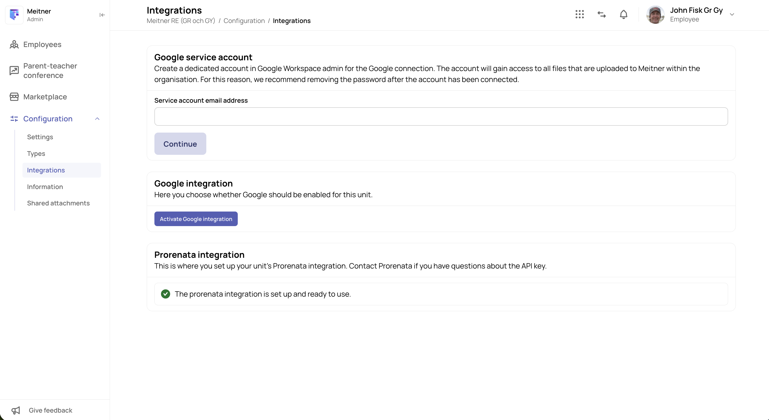 Skärmdump av Meitner Organisationsadministratör-vyn Konfiguration → Integrationer, där det gamla Google-konto-fältet och den blåa knappen "Aktivera Google-integration" är synliga. Gränssnitt: Meitner (Organisationsprofil)