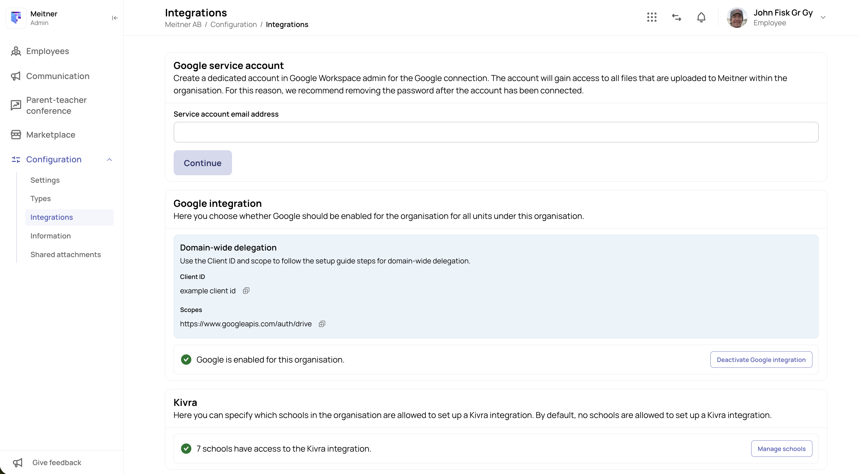 Skärmdump av bekräftelsemeddelandet tillsammans med vyn där Client ID och scope-länken är synliga under avaktiveringsknappen. Gränssnitt: Meitner (Organisationsprofil)