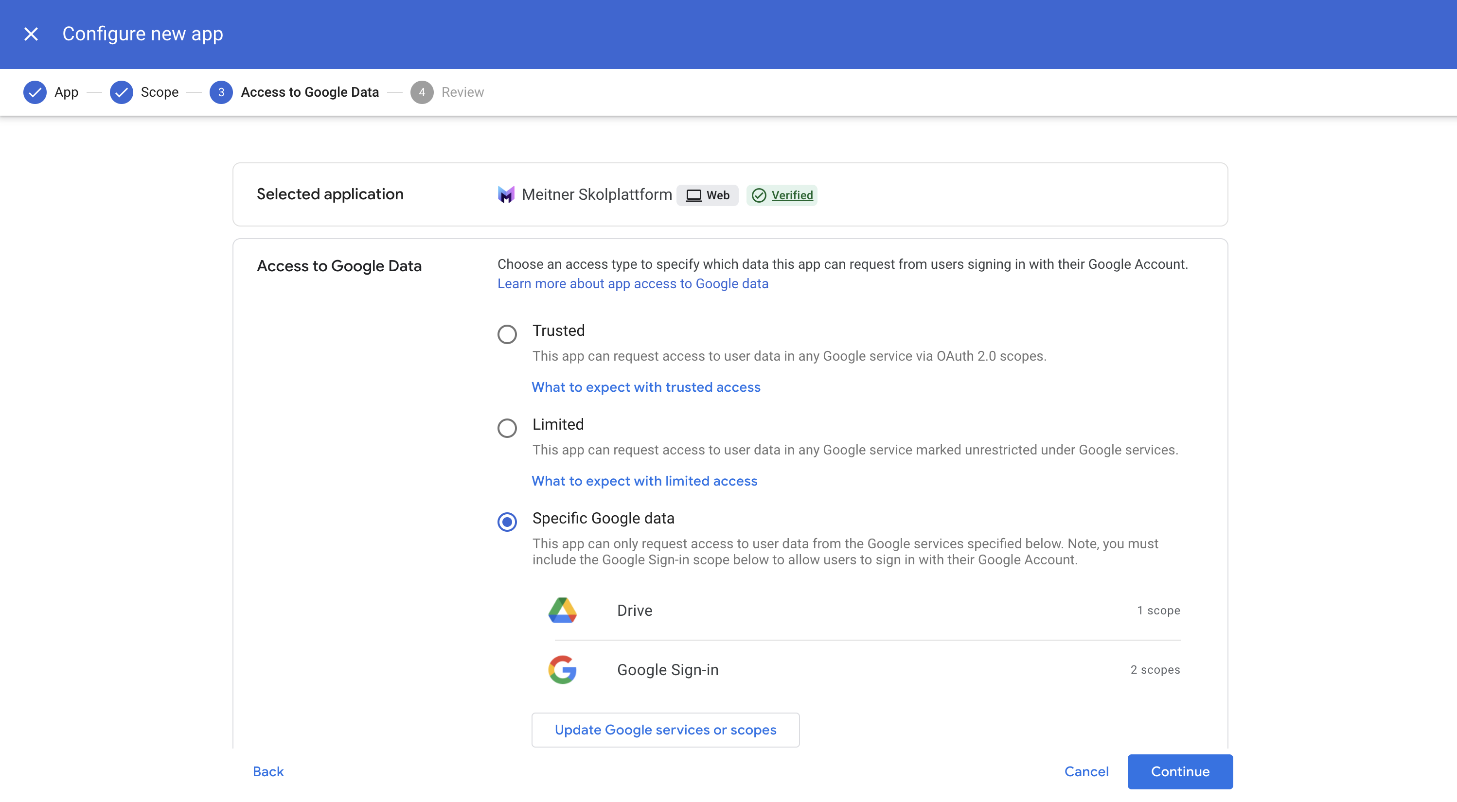 Skärmdump av åtkomstnivå-dialogen där alternativen "Betrodd" och "Specifik Google-data" syns, med "Specifik Google-data" markerat. Gränssnitt: Google Admin Console