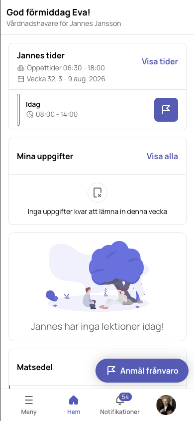 Startsidan Hem med kortet för barnets tider och länken Visa tider