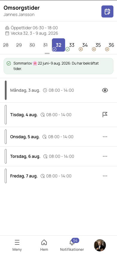 Veckovyn med veckorad och dagens tider