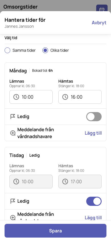 Olika tider per dag, en dag markerad som ledig