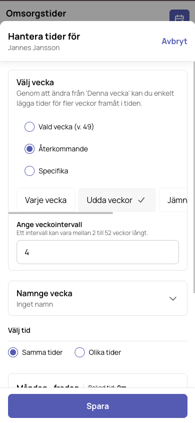 Återkommande veckor med veckointervall