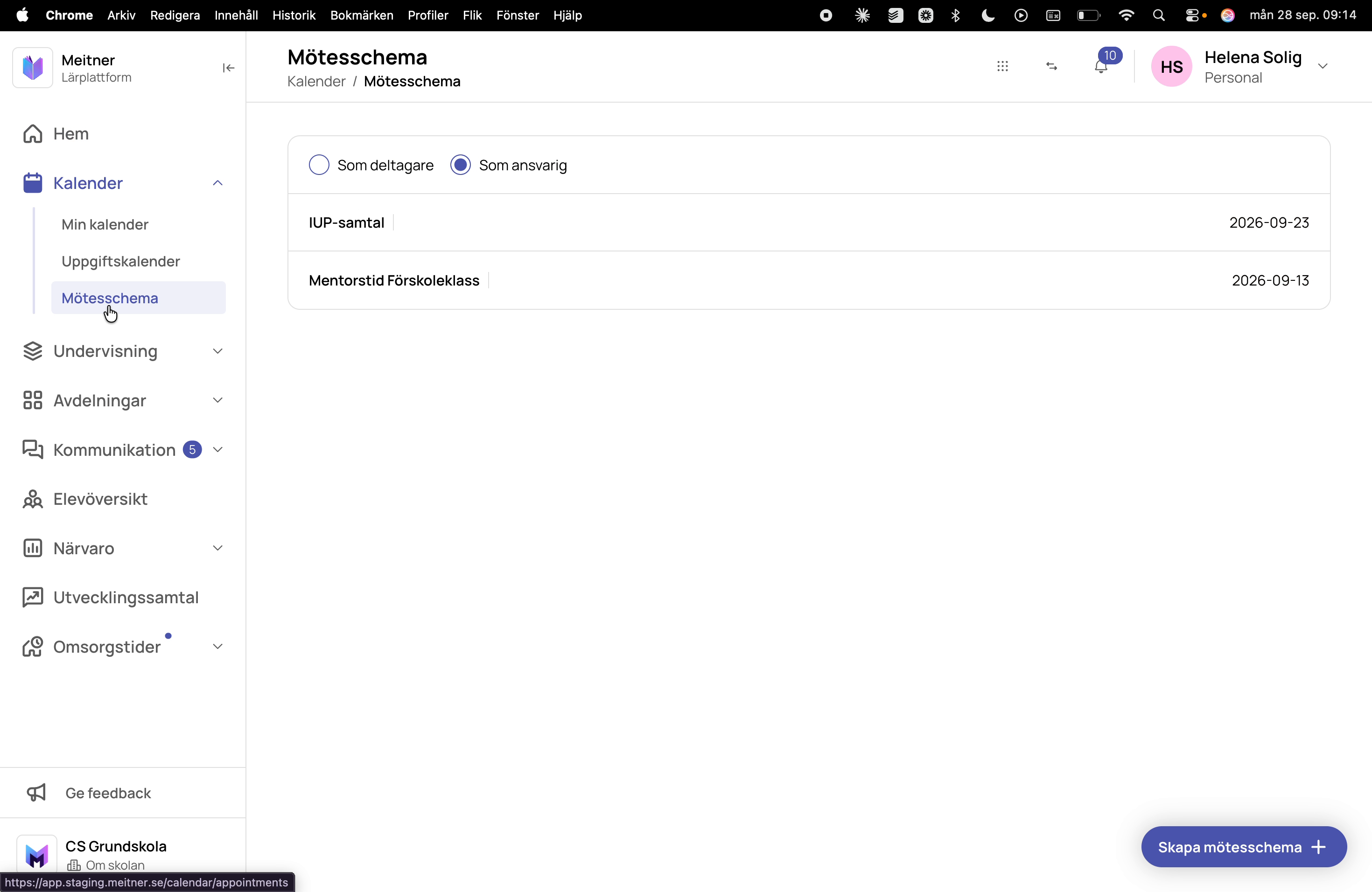 Mötesschema-sidan med fliken Som ansvarig och knappen Skapa mötesschema
