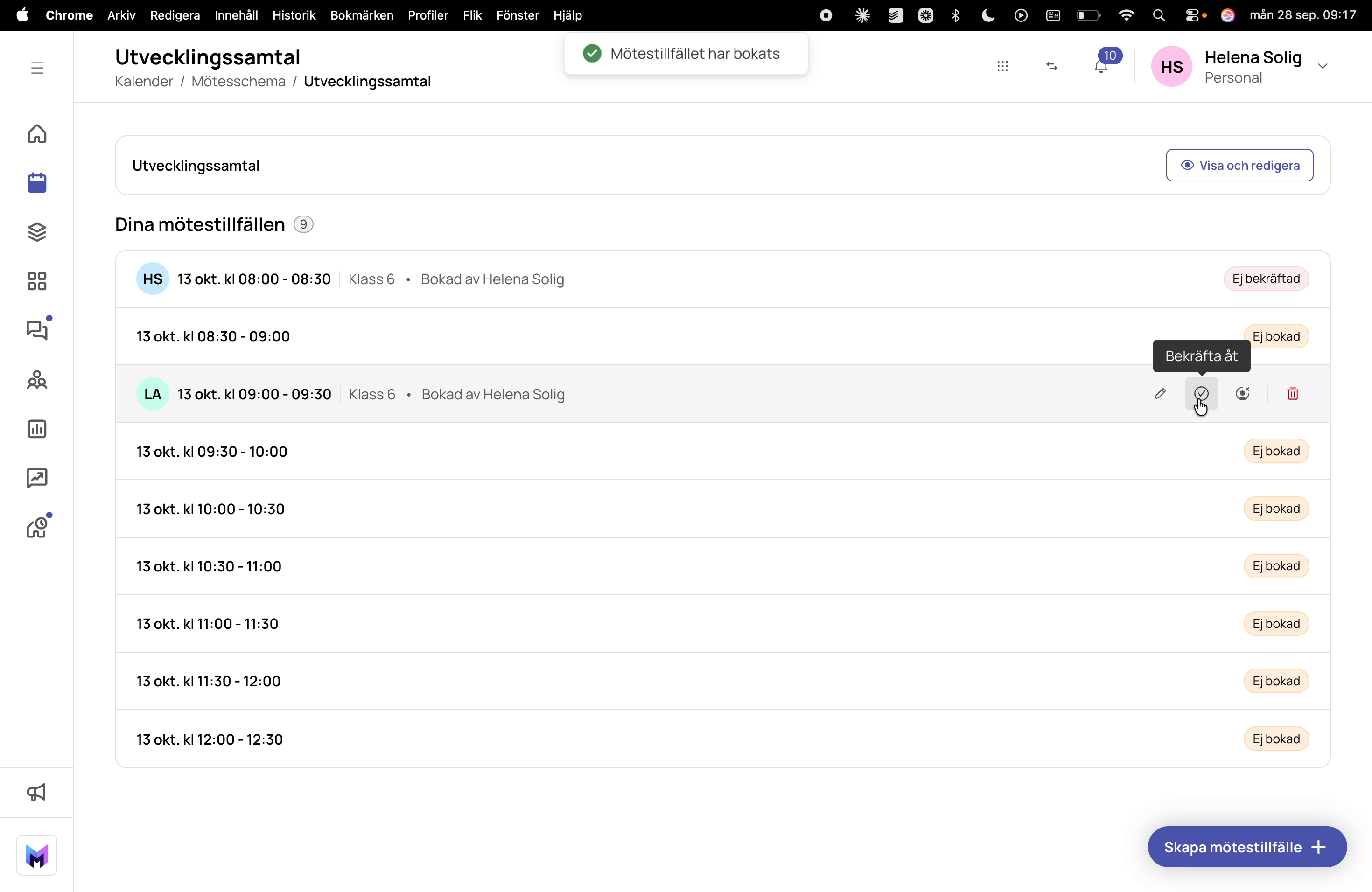 Mötestillfälle med status Ej bekräftad och tooltip Bekräfta åt på bekräfta-ikonen